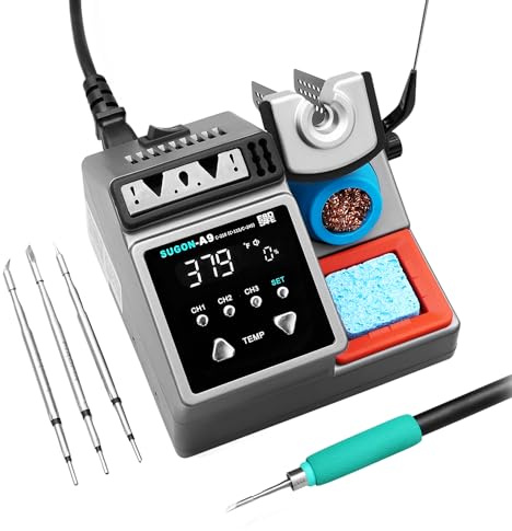 SUGON A9 210 Precision Soldering Stations 120W， LCD Display Digital Soldering Iron Kit,2 Seconds Fast Heating up 716℉, 3 Temperature Storage,212℉-842℉, ℃/℉,ESD,Quick Change Soldering Iron Tips Holder