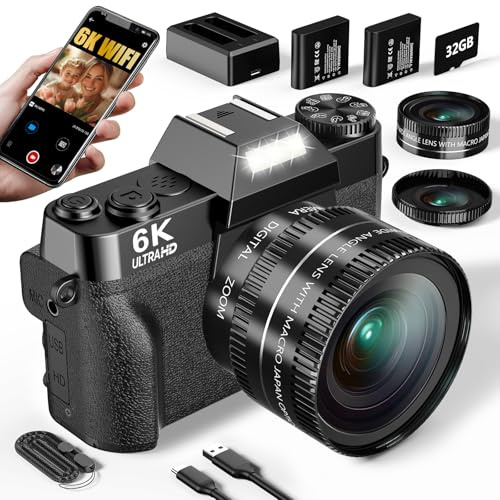 6K Digital Camera for Photography, 64MP Vlogging Camera for YouTube | 3 180° Flip Screen 16X Zoom Autofocus Compact Travel Beauty Cameras for Teens, with 32GB Micro SD Card