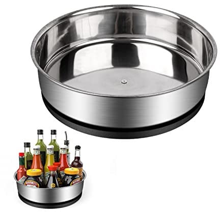 KINHARD Spice Tray, 19.5 cm Diameter, Stainless Steel, 360° Rotating Spice Carousel, Anti-Fall and Anti-Rust, Non-Slip Base, High Railing, Wide Extension, Easy to Clean