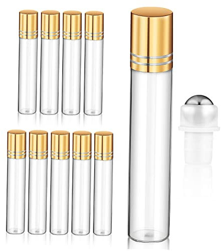 FOMIYES 10 Stück Parfüm-Rollerball-Flaschen Nachfüllbare Roll-On-Flaschen Für Ätherische Öle Leere Reiseflaschen Glasflasche Mit Goldener Kappe Und Edelstahlkugeln (10 ML)