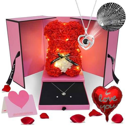 Teddy Rose Bear Gifts for Women Mom Flower Bear Rose with Box Lights I Love You Necklace 100 Languages Ear Studs Balloon Gift Card Romantic Mother Day Valentine Anniversary Birthday Gifts (Red)