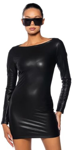 BODYWEAR LTD Women's Wet Look Faux Leather Bodycon Mini Dress – Long Sleeve Stretchy PU Party Clubwear Outfit – Slim Fit Round Neck Pullover Dress Clubwear (M-L, Black)