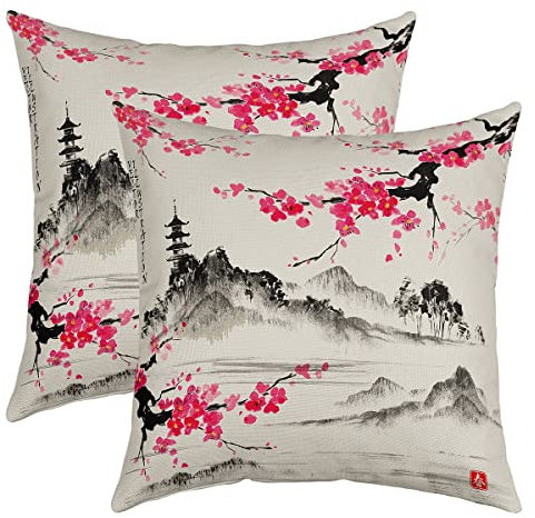 2er Set Kissenbezüge Japanischer Stil Kissenbezüge 45x45cm Japanischer Ukiyoe Dekokissen für Home Dekor Kissenhülle Kissenbezug Umkehrbar Sakura Blume Traditionelle Retro Rosa Wurf Dekokissen