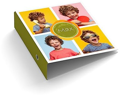 Ringordner | Ordner | mit Fotos + Name personalisiert | Farbenfroh | Mit Griffloch | für DIN A4 | 7,4 cm breit | Geburtstag | Einschulung | Kindergarten | Geburt