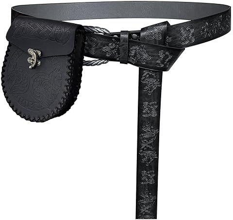 HiiFeuer Wikinger Fenrir Gürtel mit Geprägter Schnalle mit Nordisch Geprägter Gürteltasche, Vintage Kunstleder Gürtel und Seitentasche Set für LARP (Schwarz C)