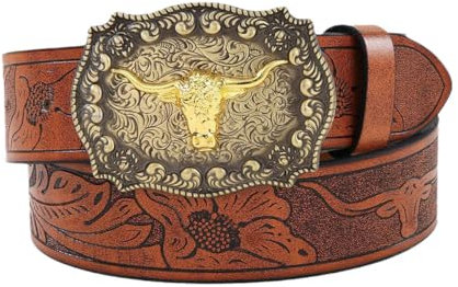 WANGCL Western-Lederschnallengürtel, Cowboy-Gürtel, Longhorn, Stier-Schnalle, Blumenprägung, Cowboy-Gürtel für Herren (120 cm lang), gold, One size
