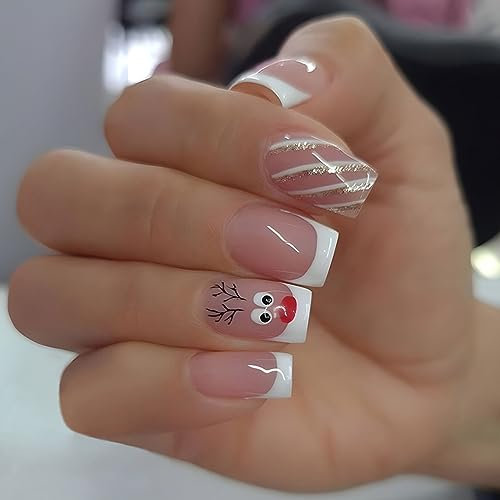 Clataly 24 PCS Noël Wapiti faux ongles flocons de neige faux ongles tête plate appuyez sur faux ongles (A)