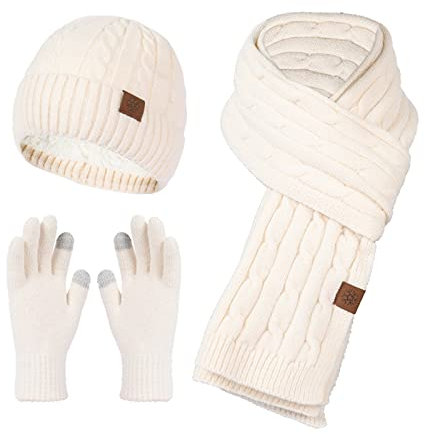 Mütze Und Schal Set Damen, Sport Gefüttert Wintermütze Baumwolle Elegant Warm Handschuh Scarf Rot XXL Winter Mütze Rosa Blau Strickmützen Handschuhe Schwarz Beige Halswärmer Pink Mützen