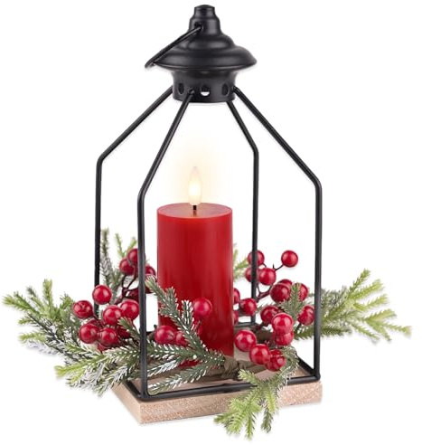 Rhytsing Christmas Table Centerpieces, Decorative Lantern with Real Wax Red LED Flameless Candle and Christmas Cedar Candle Ring, Battery Powered Metal Hanging Lanterns with Timer Function