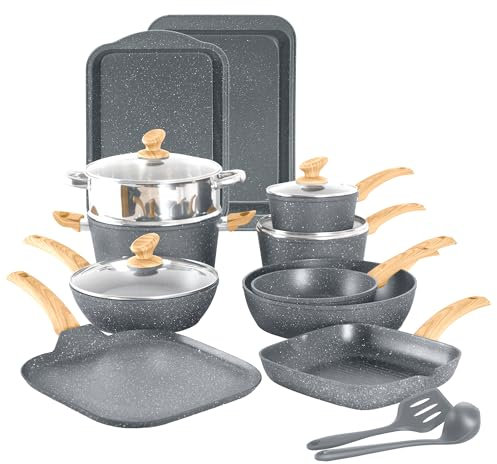 DishDelight 17 Piece Nonstick Pots & Pans Set,Induction Nonstick Kitchen Cookware Sets,Nonstick Induction Cookware w/ Frying Pans & Saucepan Set,Non-toxic Kitchen Cooking Set,Gray (KA-CS01-014-Bgrey)