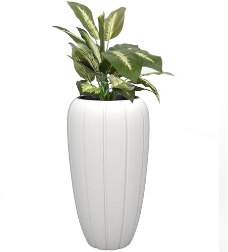 botle Blumentopf Blumenübertopf mit Einsatz Farbe Weiß Runde 40 cm H 75 cm Rille Oberfläche Matt Kunststoff Modern Glamour