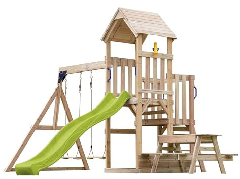 AXI Mette Spielturm aus Holz mit 2 Schaukeln | XXL Spielhaus/Spielplatz für Kinder mit Picknicktisch, Sandkasten & Rutsche in Hellgrün | Schaukelgerüst für den Garten..