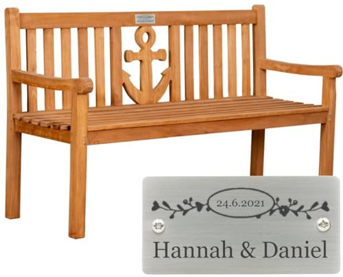 Sterngraf Hochzeitsbank mit Gravur-Schild zB Ranken (Namen/Datum), Gartenbank Anker 150cm Teakholz 3-Sitzer Bank, Edelstahlschild personalisiert Geschenk zur Hochzeit/Vermählung