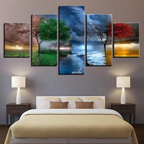 AZBESCZ Leinwand Bilder 5 Stück 4-Jahreszeiten-Bäume Wandbilder Set Wanddekoration Leinwandbilder Dekoartikel 200X100(Kein Rahmen)
