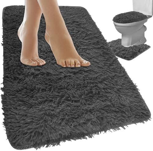Badezimmerteppich-Set Badvorleger WC-Vorleger mit Ausschnitt WC-Deckelbezug Waschbar rutschfest Grau 24353