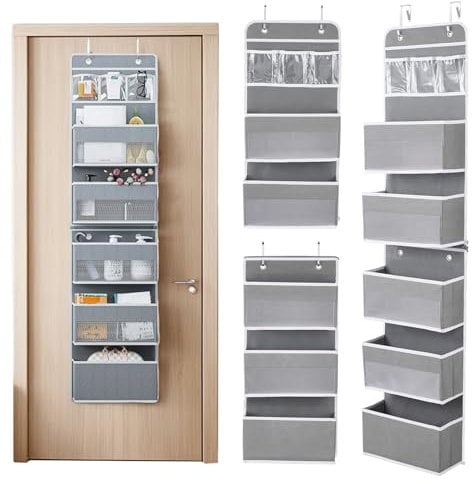 JIANGLAI Over Door Storage Hanging Wardrobe Organiser with 6 Large Clear Pockets, 2 Metal Hooks, Hanging Handbag Storage for Bathroom Closet Dorm Nursery (Removable - Grey)
