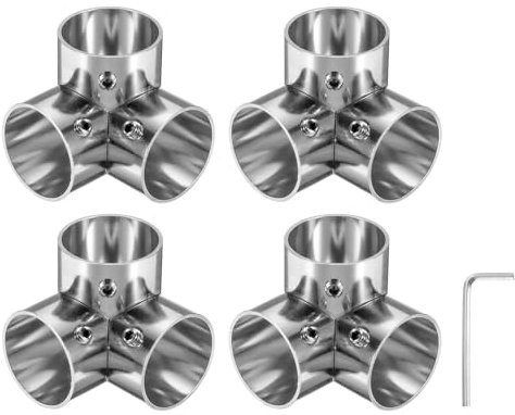 sourcing map 4 connettori per tubi strutturali ad angolo a gomito a 3 vie, con chiave, raccordi angolari in acciaio inox, per mensole fai da te, supporto da giardino, diametro 2,5 cm, colore argento
