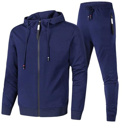 LinRim Tuta da jogging da uomo, tuta da casa, maglione Y2K, con cappuccio e baggy, in cotone, pantaloni lunghi da allenamento, per il tempo libero, set per la casa, Blu marino, M