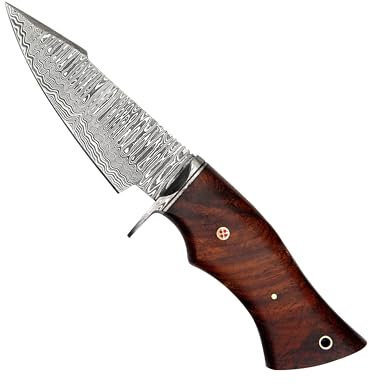 John Moses 25 cm Handgefertigtes Damaskus-Jagdmesser mit Lederscheide - Ideal zum Häuten, Camping, Outdoor - EDC Fixed Blade Messer mit Walnussholzgriff