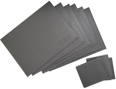 Placemats and Coasters Set of 12, Faux Leather Table Mats | 6 Grey Placemats & 6 Coasters | Washable Dining Place Mats | M&W