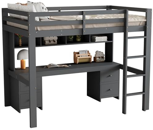 BXEYXE 90 * 200cm Hochbett, Kinderbetten, Bett Oben, Tisch unten, Großer Stauraum, Hohes Geländer, Stabile Treppe, Grau