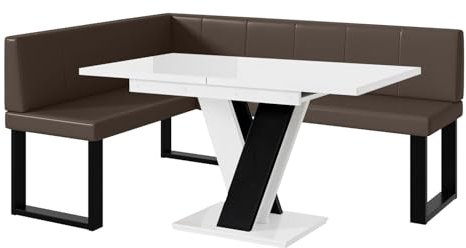 MEBLINI Eckbank für Esszimmer mit ausziehbarem Tisch - Küchenbank - Essecke - Sitzecke Küche - Peter - U-Beine 128x168x87cm Links - Braun Kunstleder/M Weiß-Schwarz Hochgl.