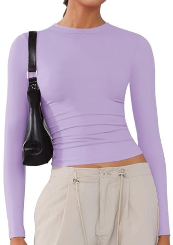 ARCFEETORY Women's Soft Long Sleeve Shirts Crew Neck Tops Basic Tees Stretchy Going Out Crop Tops Y2K Slim Fit T-Shirts Taro Purple M