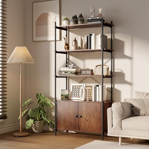 Xbro Bücherregal mit Türen,Regal, Standregal Metallrahmen mit Türen,Bücherregal für Wohnzimmer, Schlafzimmer, Arbeitszimmer, Holzregal Industrie-Design,Vintagebraun,80 x 34 x 159.5 cm
