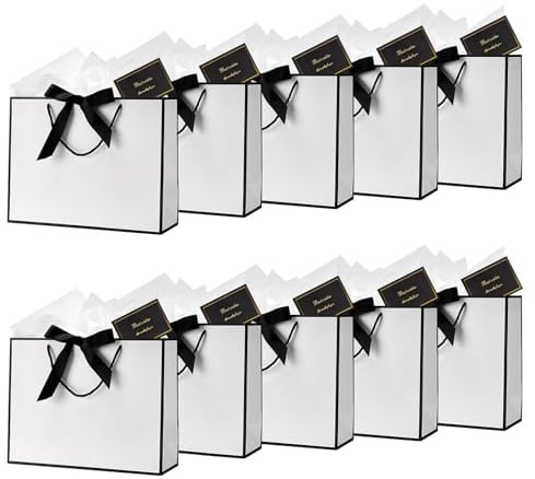 Gift Bags for Presents Meduium Size | 10 Pcs White Black Gift Bags with Bows Cards Wrapping Paper, Suitable Birthday Wedding Party Engagement Anniversary Christmas