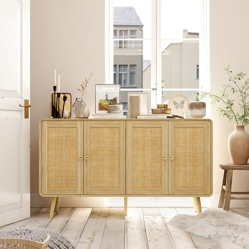 Sideboard, Rattan Mehrzweckschrank, Aufbewahrungsschrank, Rattan-Schrank mit 4 Türen und 8 Fächern, Esszimmeranrichte mit goldenen Griffen und Holzbeinen, Holzmaserung + Rattantür, 140 x 35 x 82 cm