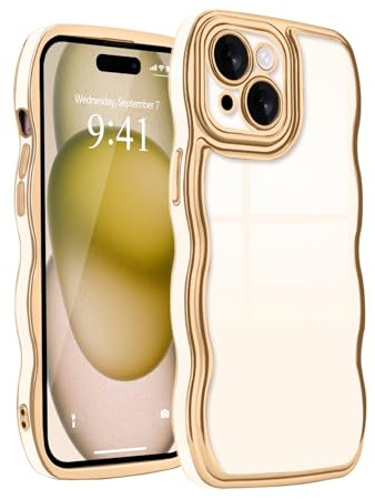 Teageo Hülle für iPhone 15 Galvanisierte Wellenform, Beige | Golden Rand Stoßfest Luftpolsterschutz Kameraschutz Phone Case