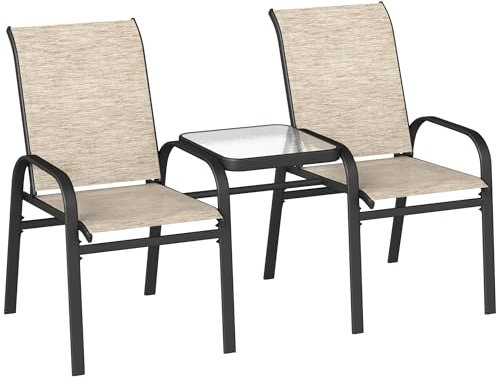 Outsunny Banco de jardín de 2 plazas con Mesa Central Baja de Cristal, Juego de Exterior con Asiento de Malla, reposabrazos y Respaldo Alto, marrón y Negro