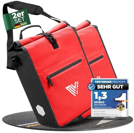 MIVELO 2in1 Fahrradtasche für Gepäckträger I Gepäckträgertasche wasserdicht inkl. Schultergurt - Fahrrad Tasche Set (Carbon-Rot)