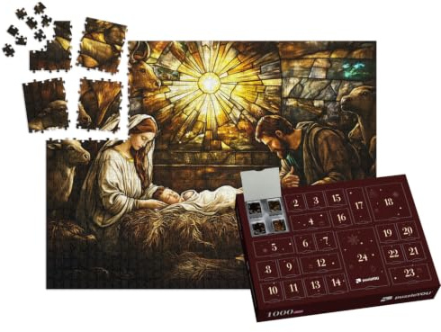 puzzleYOU: Puzzle-Adventskalender | „Kirchenfenster: Weihnachtliche Krippenszene mit Jesus, Maria und Josef“ – aus der Puzzle-Kollektion Weihnachten