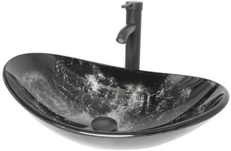 ZealWe Waschbecken Glas Aufsatzwaschbecken, Oval Waschtisch 53x35x16cm, Modernes Waschschale Handwaschbecken mit Wasserhahn & Ablaufgarnitur, Waschplatz für Badezimmer, Gäste WC & Küche, Tintenblau