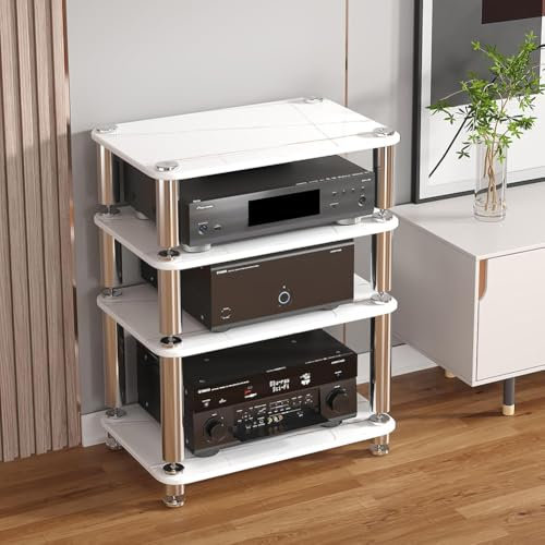 MegLob Stand Audio-Video in Vetro Temperato, Mobile Per Archiviazione Multimediale AV Pesante, Rack Di Componenti Audio Stereo, Rack Server Console Di Gioco,White 4 layer