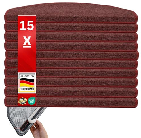 Floordirekt Original Stufenmatten Treppen-Teppich 15er SparSet 20 Farben (London, Weinrot, 65x23 cm, Halbrund)