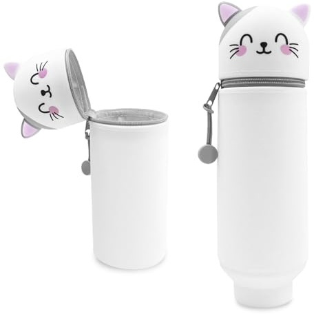Sykrawki Étui en Silicone Souple à Fermeture éclair 2 en 1 | Jolie Trousse Kawaii | Trousse et Organiseur de Bureau pour Crayons de Couleur, marqueurs | École et Bureau (Chat Gris)