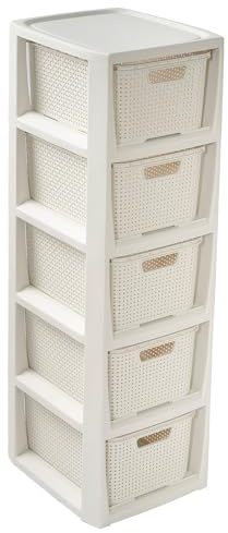 EDANTI Schubladenschrank Badezimmerschrank Regal in Rattan Design Badschrank Beistellschrank Schubladen Kommode Kunststoff Schubladenbox (Weiß, 80 cm mit 5 Schubladen)