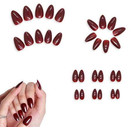 24 Pcs Wine Red Press On Nails, Reusable Elegant Almond Red False Nails, Removable Long-lasting & Comfortable Red-Color Almond Shape Gel Press On Nail, Perfect for Women Girls Nail Art Accessories.