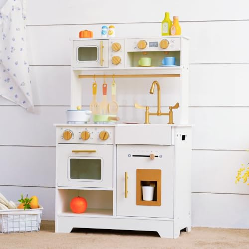 Cocinita de Madera Infantil, Cocina Juguete con Máquina de Hielo, Estufa