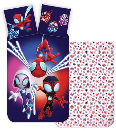 BrandMac Spidey Wende Bettwäsche Set 135x200 und 80x80 cm aus 100% Baumwolle · Kinderbettwäsche für Mädchen und Jungen. Tolles Motiv Spidey und Seine Super-Freunde