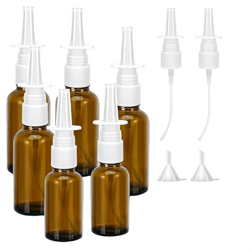 6 Stück Nasenspray Flasche Leer,30ml 4Stück und 10ml 2Stück Glas Nasensprayflasche,Nachfüllbare Zerstäuber mit Düsen,Blanko-Etiketten,TrichterStroh,for Perfume,Essential Oils,Saline Solution(Braun)