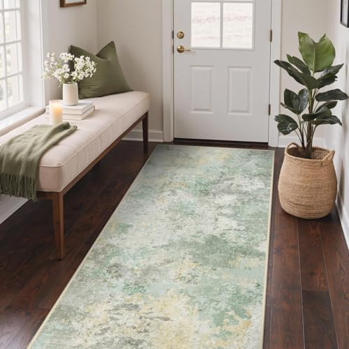 GENIMO Waschbar Läufer Flur Teppich 80x150 cm Kurzflor Grün | Waschbarer Modern Abstrakter Teppich,Rutschfest, Kurzflorig, Weich, für Wohnzimmer, Schlafzimmer, Esszimmer,Büro