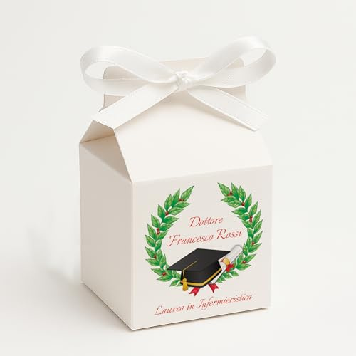 PV Grafik® Set da 24 + 24 Scatoline Portaconfetti e bigliettini Laurea | Bomboniera Personalizzata Porta Confetti | Bomboniere per Confettata Laureandi | Nastrino incluso (Posa8L)