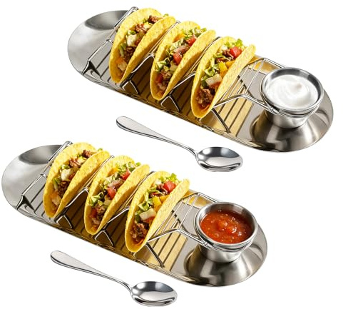 Paquete de 2 soportes para tacos de acero inoxidable con bandeja, tazas de salsa y cuchara