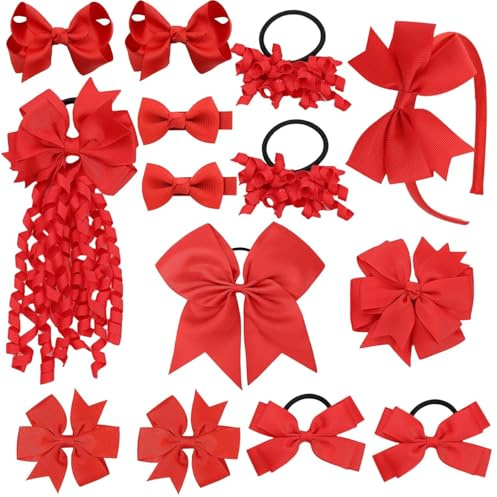 Schul-Haar-Accessoires-Set 14 Stück Uniform Haar- Schleifen, Haarband-Clips, Haargummis, lockige Korker-Schleifen für kleine Schulkinder (rot)