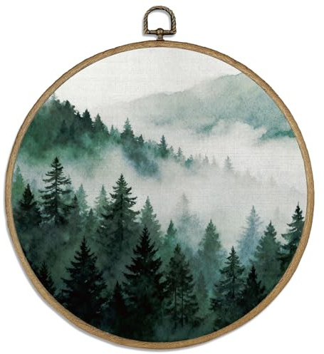 DELORIGIN Rundgerahmtes Wandbild „Wald“ (26cm) Im Retro Stil Leinwanddruck Kunstdruck Im Kreisrahmen Ideal Für Wände Und Türen Im Landhausstil.