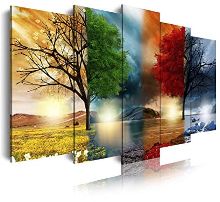 DekoArte 237 - Modernes Bild, digitalisierter Kunstdruck | Dekoratives Bild für den Salon oder das Schlafzimer |Stil Landschaft vier Jahreszeiten rote Bäume | 5 Teile 150 x 80 cm
