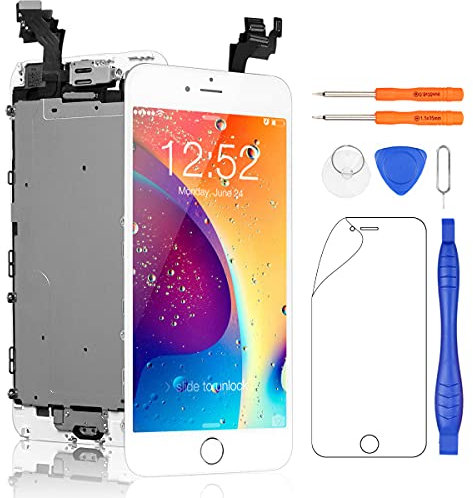 Yodoit for iPhone 6 Plus Screen Replacement White With Home Button, Front Camera, Earpiece Speaker, LCD Display Touch Digitizer Assembly + Repair Tool, Screen Protector